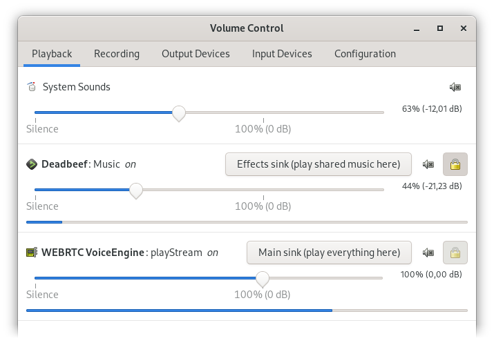 PulseAudio Volume Control: EchoCancellationWithSourcesMix preset, playback view